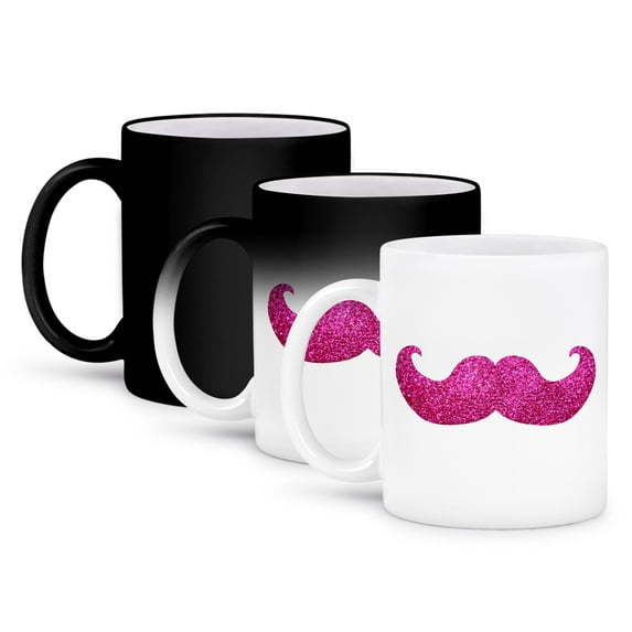 3dRose, Hot Pink Bling mustache - faux glitter - fun girly moustache photo graphic - not actual glitter, 11oz Magic Transforming Mug