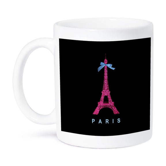 3dRose, Hot Pink Paris Eiffel Tower from France with girly blue ribbon bow - Black Stylish Modern France, 11oz Mug