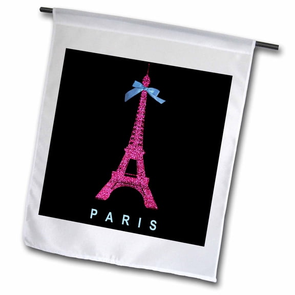 3dRose, Hot Pink Paris Eiffel Tower from France with girly blue ribbon bow - Black Stylish Modern France, 12 x 18 inch Garden Flag