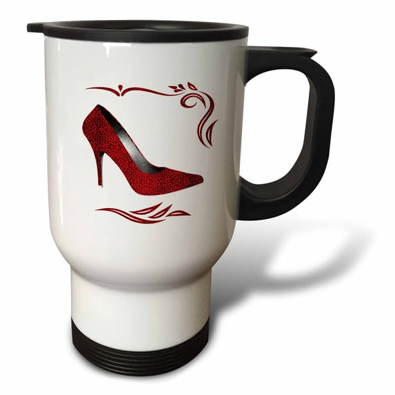 3dRose, Hot Red Cheetah Print Stiletto High Heel with Swirls and White, 14oz Stainless Steel Travel Mug