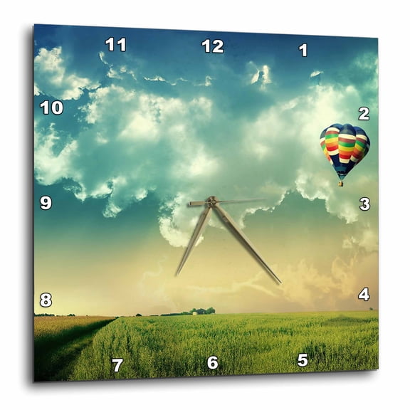 3drose, Hot Air Balloon Scene, Blue Sky, Green Grass, 10x10 Wall Clock