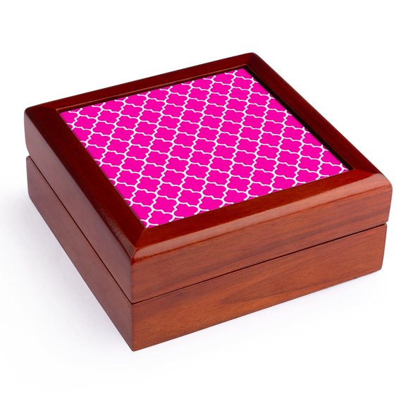 3dRose, Hot pink quatrefoil pattern - girly Moroccan style - modern contemporary geometric clover lattice, Jewelry Box 5.5x5.5 inch with 4 inch tile