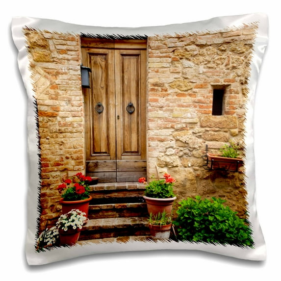 3drose, House Doorway and Flowers, Pienza, Tuscany, Italy - Eu16 Teg0360 - Terry Eggers, 16x16 inch Pillow Case