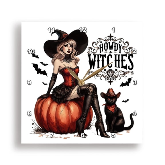 3dRose, Howdy Witches Funny Vintage Western Halloween Witch, 15x15 Wall Clock