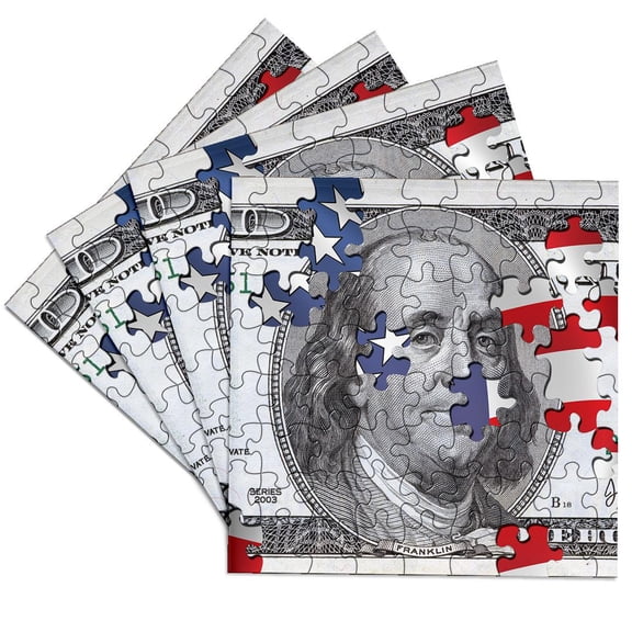 3dRose, Hundred dollar bill usa american money bank note puzzle flag abstract puzzled franklin benjamin, Set of 4 Ceramic Tile Coasters