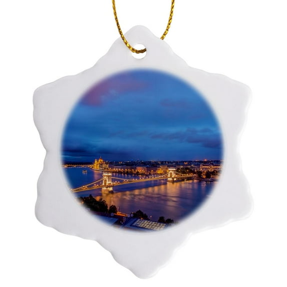 3drose, Hungary, Budapest, Danube River and Central Budapest at Twilight., 3 inch Snowflake Porcelain Ornament