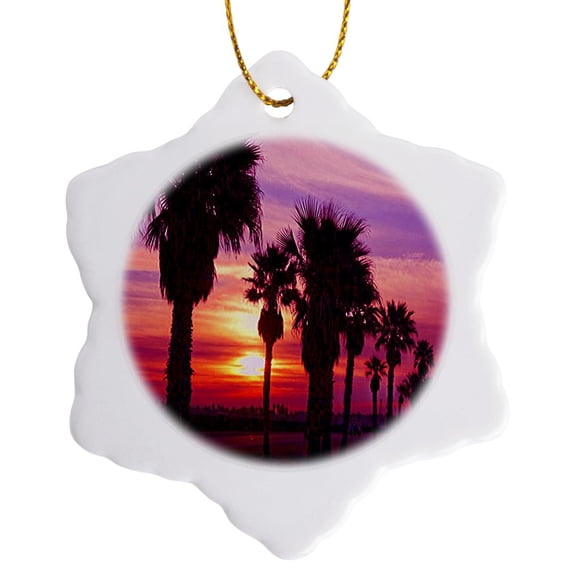 3drose, Huntington Beach Boardwalk Sunset, 3 inch Snowflake Porcelain Ornament