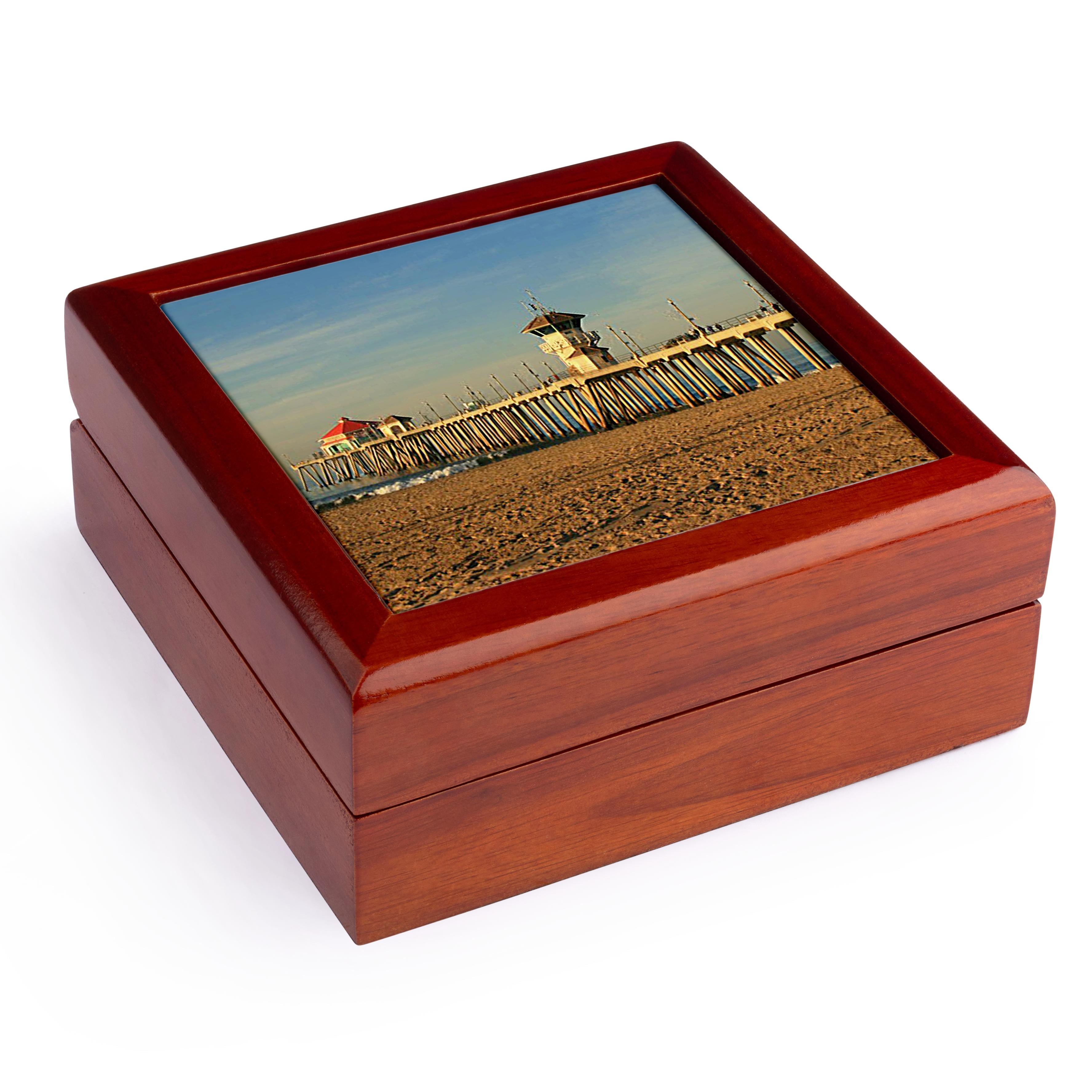 3dRose, Huntington Beach Pier, Jewelry Box 5.5x5.5 inch with 4 inch tile
