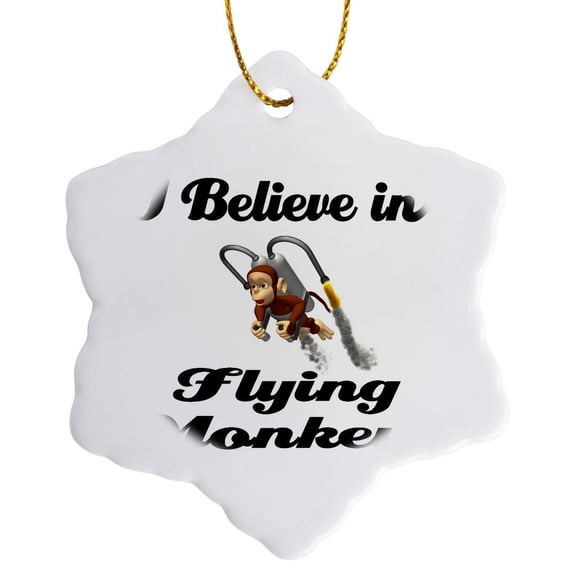 3drose, I Believe in Flying Monkeys, 3 inch Snowflake Porcelain Ornament