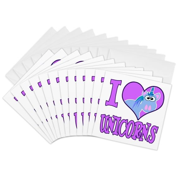 3drose, I Heart Love Unicorns Cartoon, 12 Greeting Cards with Envelopes