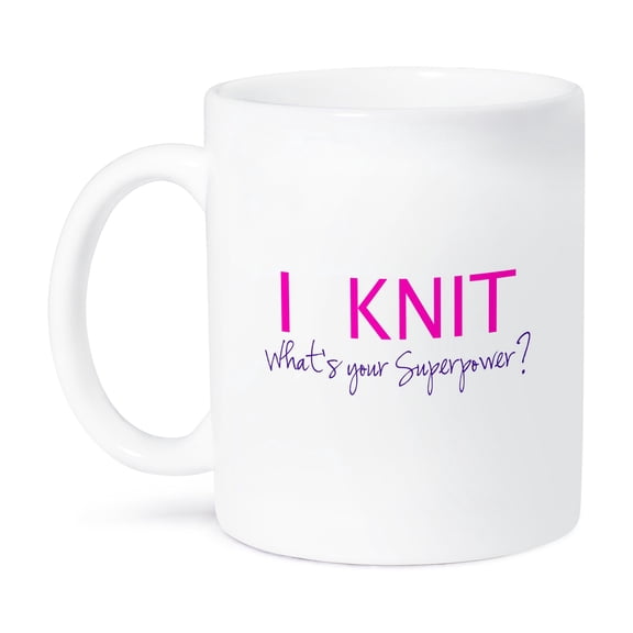 3dRose, I Knit - Whats your superpower - fun gift for knitters - knitting love, 15oz Mug