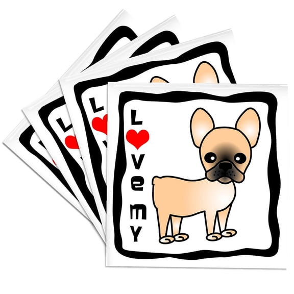 3dRose, I Love My French Bulldog Black Masked Fawn Cream, Set of 4 Ceramic Tile Coasters