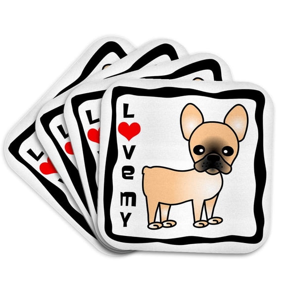 3dRose, I Love My French Bulldog Black Masked Fawn Cream, Set of 4 Coasters - Soft