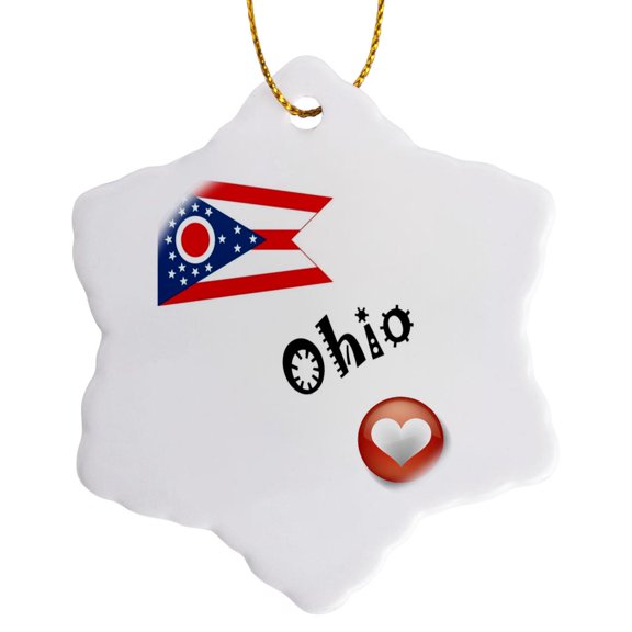 3drose, I Love Ohio, 3 inch Snowflake Porcelain Ornament