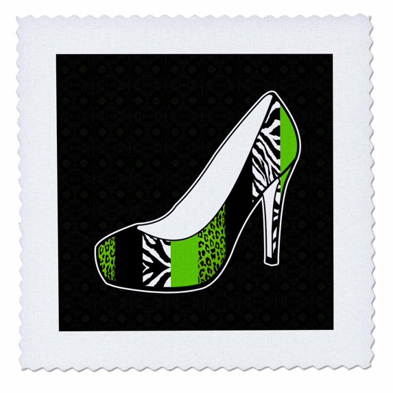 3dRose, I Love Shoes - Animal Print High Heel Shoe - Green Cheetah and Zebra, 12x12 inch quilt square
