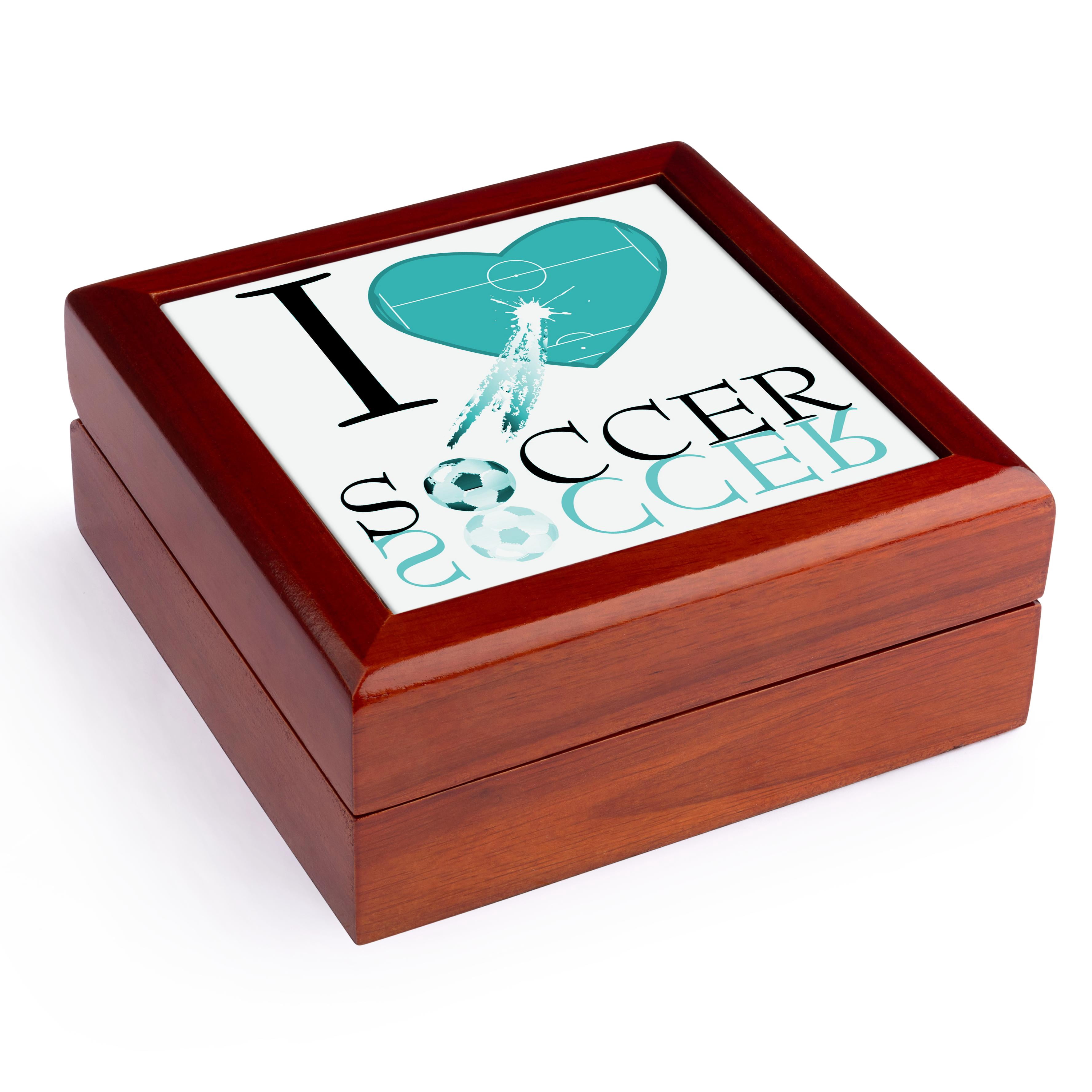 3dRose, I Love Soccer In Turquoise, Jewelry Box 5.5x5.5 inch with 4 inch tile