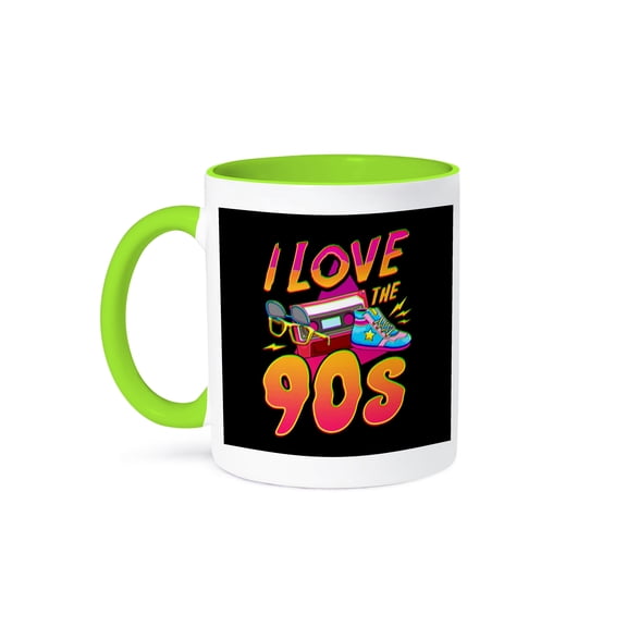 3dRose, I Love the 90s with Cassette Retro Vintage Neon, 15oz Two-Tone Green Mug