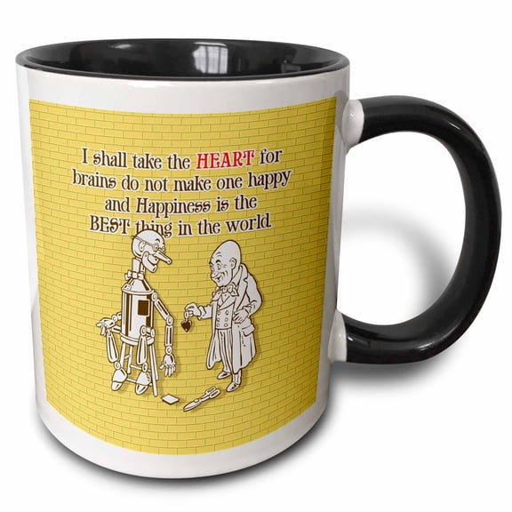 3drose, I Shall Take the Heart- Tin Man Over Yellow Brick Road Background, 15oz Two-tone Black Mug
