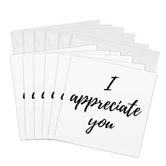 3drose, I Appreciate You. Black Script Lettering on a White Background., 6 Greeting Cards with Envelopes