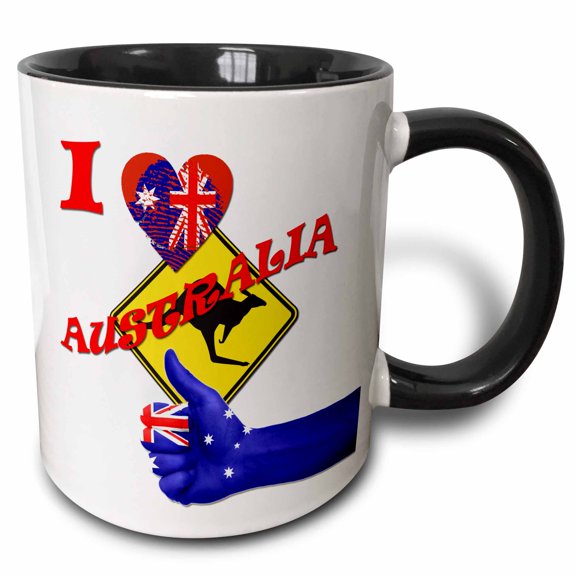 3drose, I Love Australia. Australian Flag. Kangaroo., 11oz Two-tone Black Mug