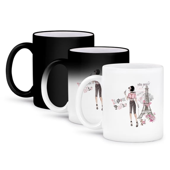 3dRose, I love Paris - Cute Trendy Watercolor Shopping City Girl Illustration, 11oz Magic Transforming Mug