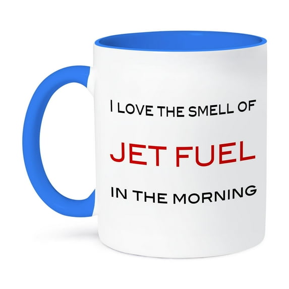 3dRose, I love the smell of jet fuel in the morning, Red, 11oz Two-Tone Blue Mug
