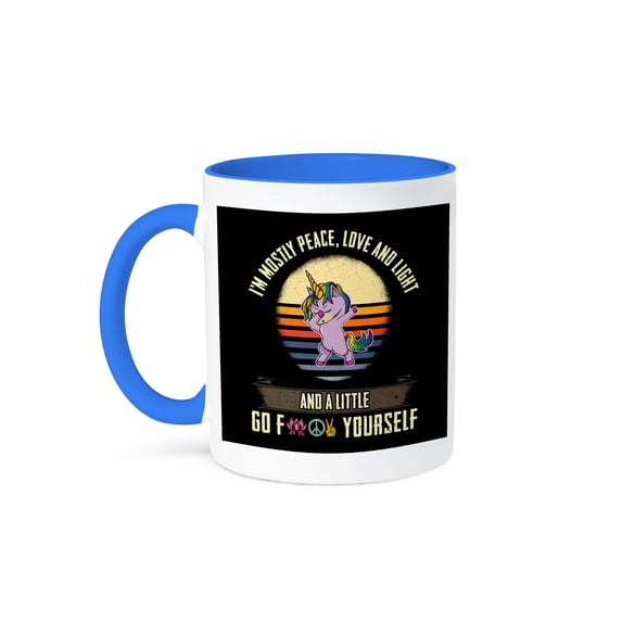 3dRose, Iam Mostly Peace Love and Light with Dab Dabbing Unicorn, 15oz Two-Tone Blue Mug