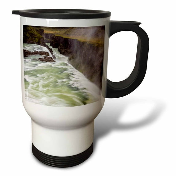 3drose, Iceland, Misty Gulfoss. Waterfall Flowing into River., 14oz Stainless Steel Travel Mug