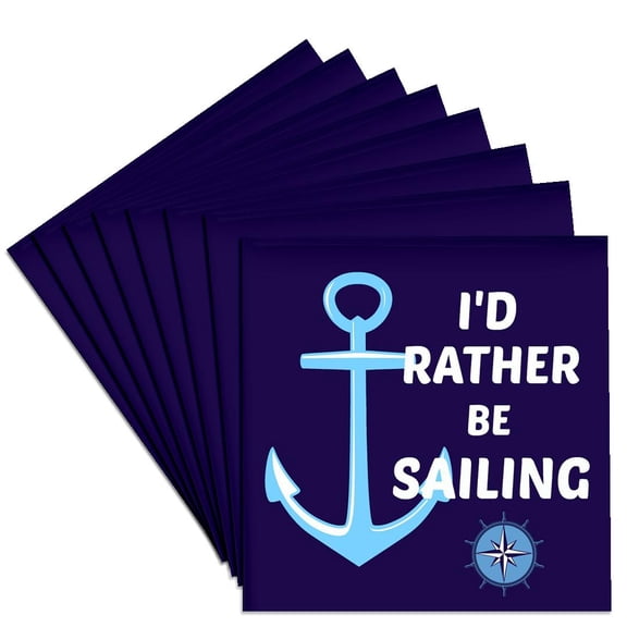 3dRose, Id rather be sailing. Anchor, white and blue, Set of 8 Ceramic Tile Coasters