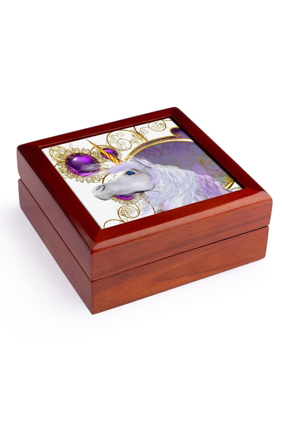 , If you like Unicorns our beautiful white Unicorn with gem background will brighten your day, Jewelry Box 5.5x5.5 inch with 4 inch tile