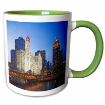 3drose, Illinois, Chicago. Downtown Skyscrapers Light Up at Dusk., 11oz Two-tone Green Mug