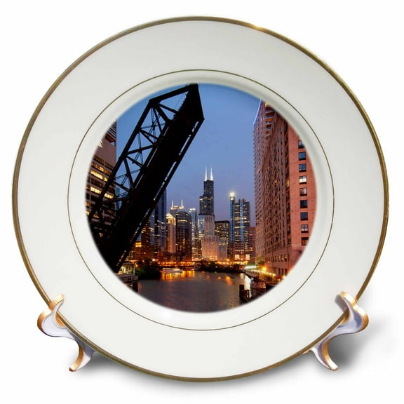 3dRose, Illinois,, Chicago River and skyline at dusk with boat, 8 inch Porcelain Plate