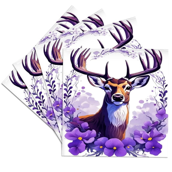 3drose, Illinois Deer and Violet Violas Cut Out, Set of 4 Ceramic Tile Coasters