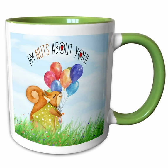 3drose, Im Nuts About You Cute Squirrel in the Grass with Balloons, 11oz Two-tone Green Mug
