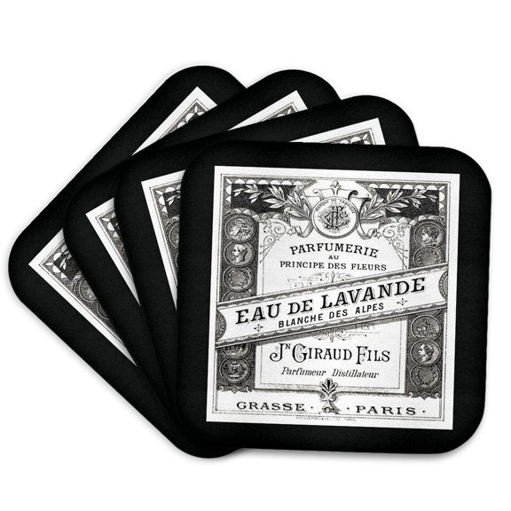 3dRose, Image O Vintage F Paris Perfume Label In Black And White, Set of 4 Coasters - Soft