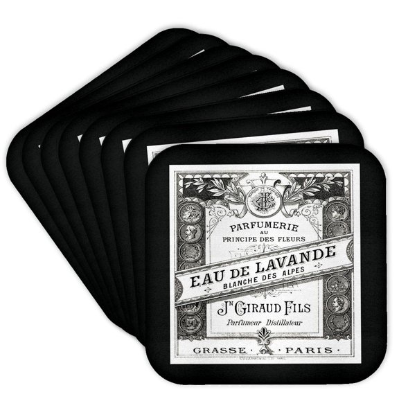 3dRose, Image O Vintage F Paris Perfume Label In Black And White, Set of 8 Coasters - Soft