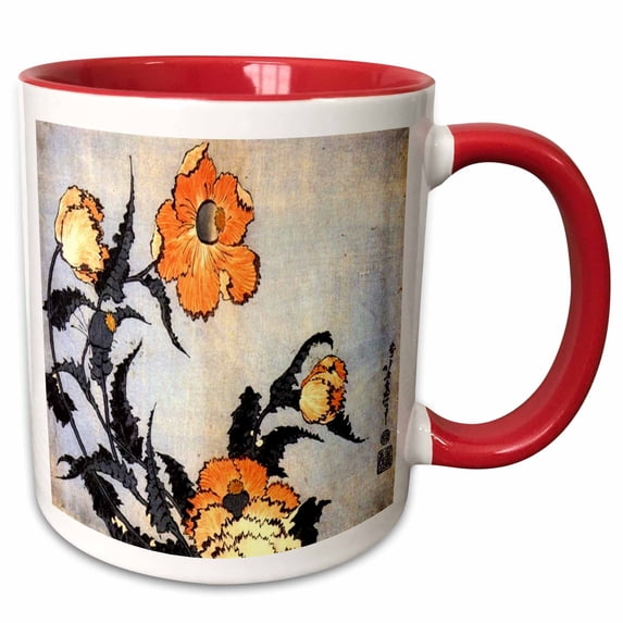 3drose, Image of Hokusai Woodcut Orange Poppies Painting, 15oz Two-tone Red Mug