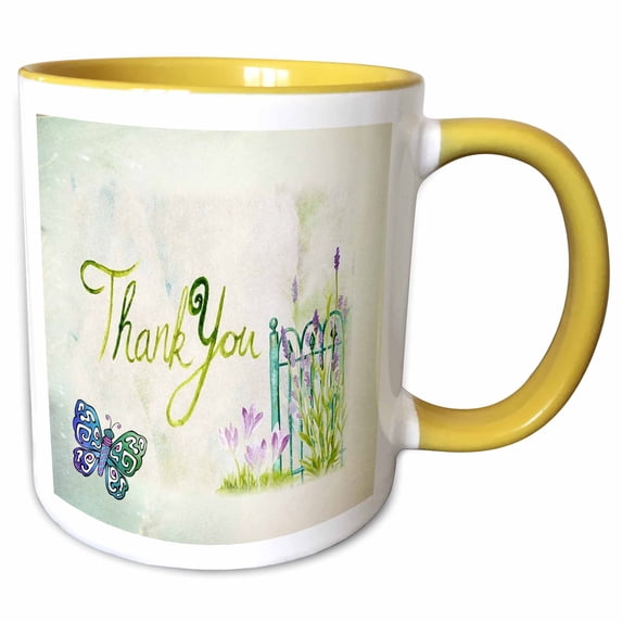 3drose, Image of Thank You with Butterfly and Gate, 15oz Two-tone Yellow Mug