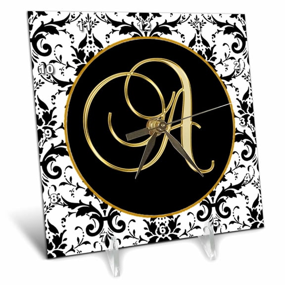 3dRose, Image of The Script Letter A in Black White and Gold, 6x6 Desk Clock