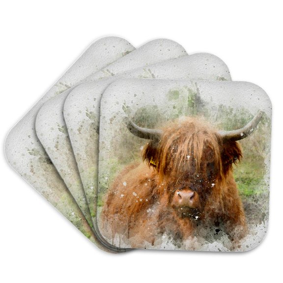 3dRose, Image Of Watercolor Highland Cow Art, Set of 4 Coasters - Soft