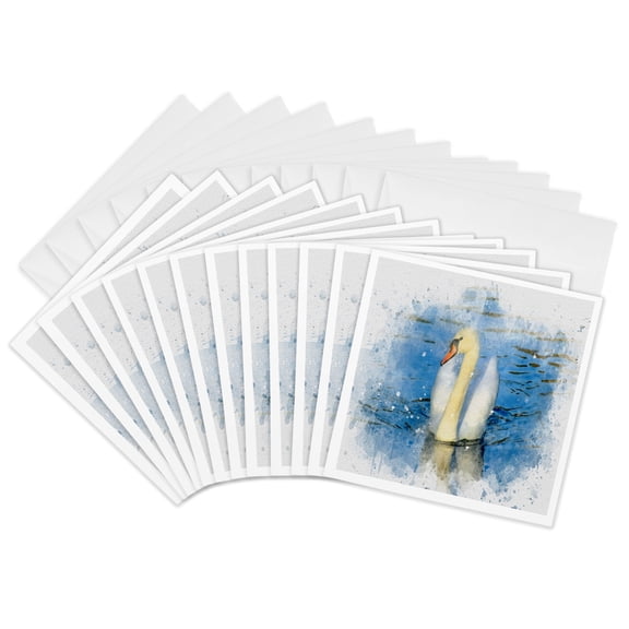 3drose, Image of Watercolor Swan on a Blue Lake Art, 12 Greeting Cards with Envelopes
