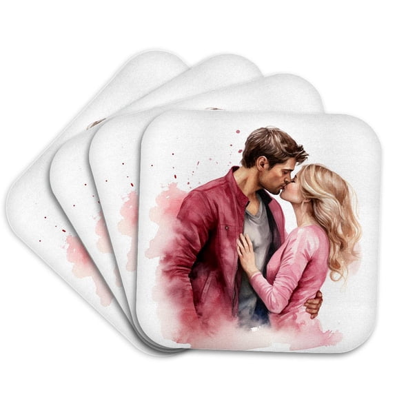 3drose, Image of Watercolor Valentine Couple Kissing, Set of 4 Coasters - Soft