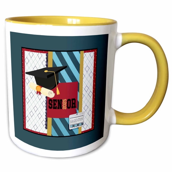 3drose, Image of 2025 Senior,large Cap and Diploma, Blue, Red, Diamond Design, 15oz Two-tone Yellow Mug