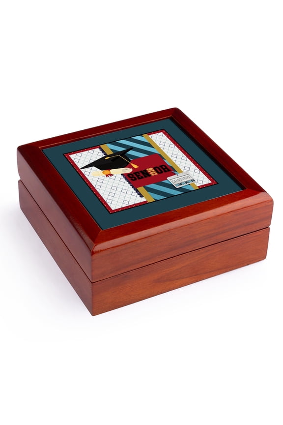 , Image of 2028 Senior,Large Cap and Diploma, Blue, Red, Diamond Design, Jewelry Box 5.5x5.5 inch with 4 inch tile