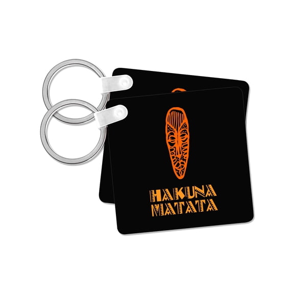 3dRose, Image of African mask and No worries in Swahili on black background, set of 2 Key Chains