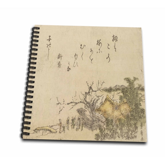 3dRose, Image of Ancient Wood Block Painting Of House And Trees, Drawing Book 8 x 8 inch