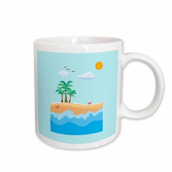 3drose, Image of Beach with Sun, Waves, Tree, Shells, Crab, Clouds, Birds, 11oz Mug