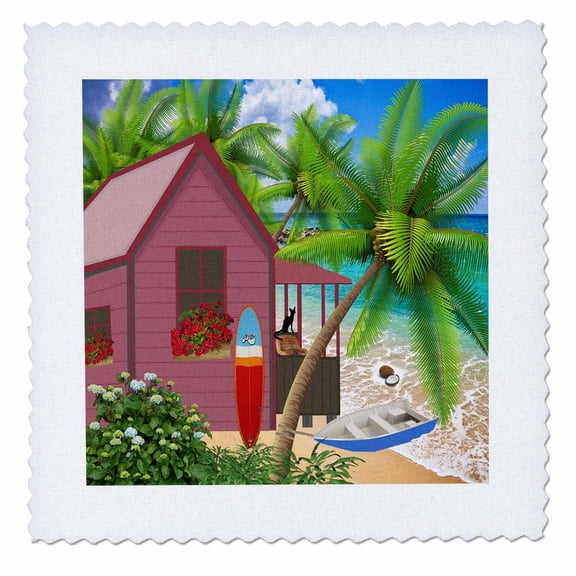 3dRose, Image of Beautiful Beach Cottage With Surf Board And Palm, 8x8 inch quilt square