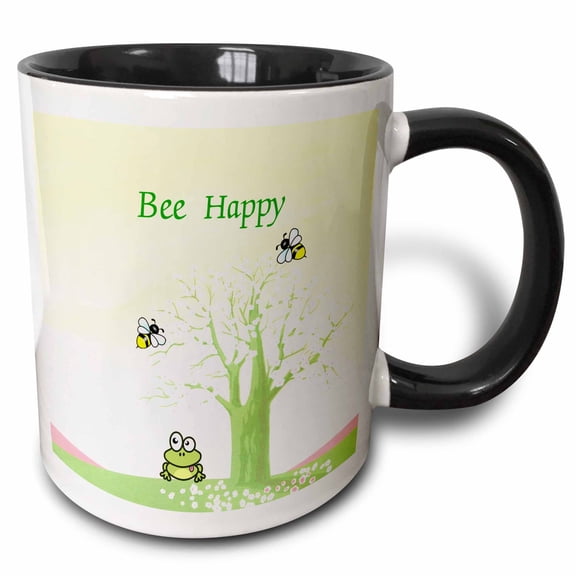 3drose, Image of Bee Happy with Cartoon Tree and Bees, 11oz Two-tone Black Mug