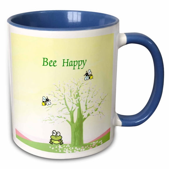 3drose, Image of Bee Happy with Cartoon Tree and Bees, 11oz Two-tone Blue Mug